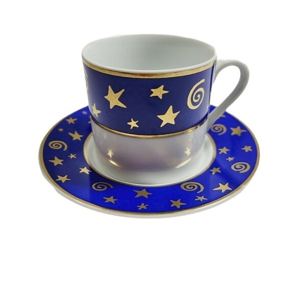2 Pottery Barn Japan Demitasse Espresso Cups Saucers Blue Gold Stars Swirls HTF - Picture 2 of 12